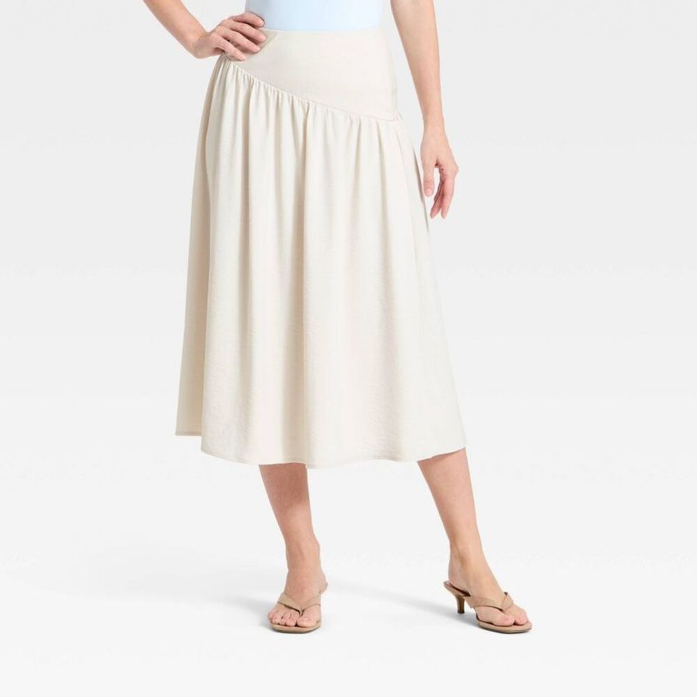 Women's Asymmetrical Waist Midi Skirt - A New Day Cream M